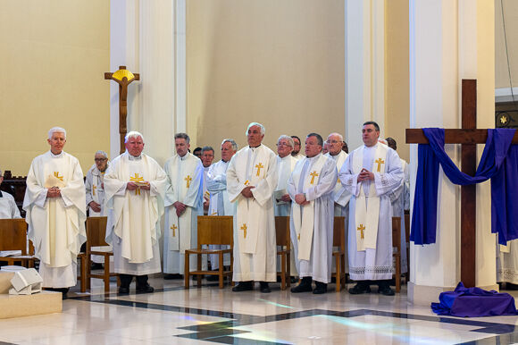 Priests concelebrate the Mass of Chrism, Holy Thursday, Cathedral of St. Mary and St. Ann.Pic: Brian Lougheed